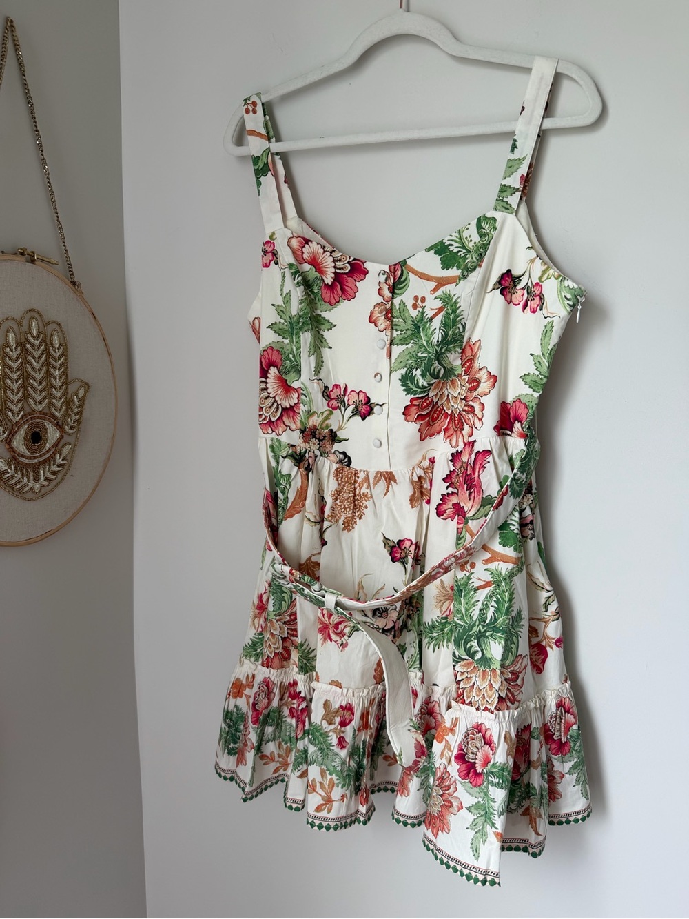 Cream Floral cotton Mini Dress with belt